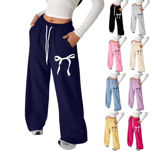 Girls Sweatpants,Girls Sweatpants Cute Clothes Teen Girl Baggy Sweat Pants Navy Bowknot Graphic Comfy Lightweight Straight Leg Athletic Pant With Pockets Fall Outfits,160=12-13 Years