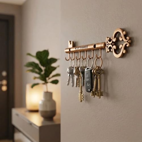 Image of Royal Chavi-Shaped Key Holder /Rajwadi Key Stand with 6 Hook & Brass Metal Wall Mount Key Hanger /Home Decor Gift (Rose Gold)-| 3 Years Warranty |