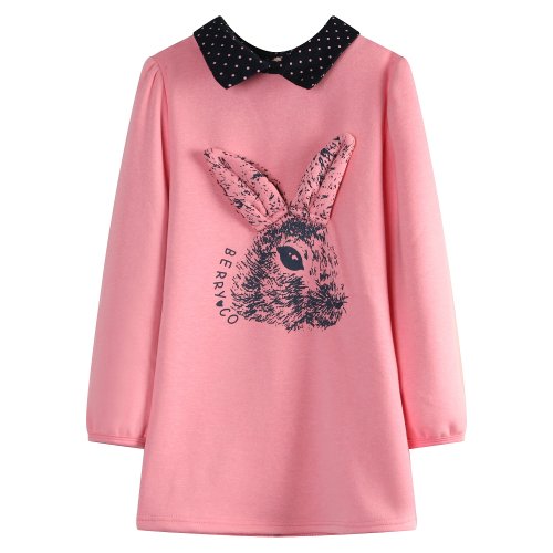 Richie House Girls' Pullover with Rabbit Print and Polka Dot Collar RH1433