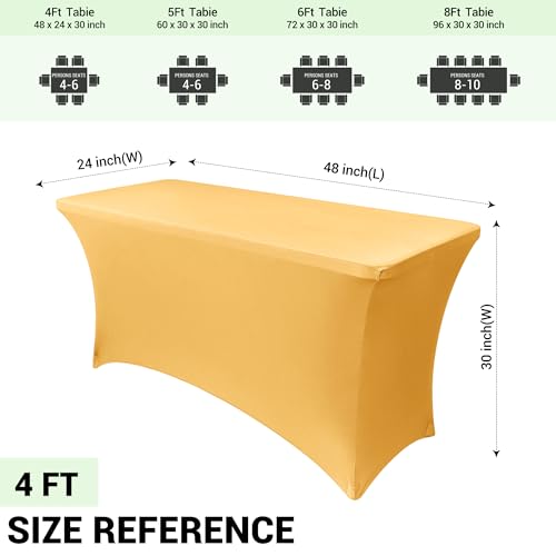 Image of Obstal 4Ft Stretch Spandex Table Cover for Standard Folding Tables - 2 Pack Universal Rectangular Fitted Tablecloth for Party, Banquet, Events, Trade Show (Gold, 48L x 24W x 30H Inches)