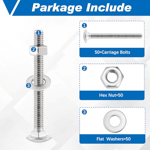 Image of Zonon 50 Sets 5 /16-18 x 2-1 /2 inch Stainless Steel Carriage Bolts and Nuts Kit Round Head Square Neck Carriage Bolts Screws and Hex Nuts and Flat Washers, Stainless 18-8 Full Thread Coverage (Silver)