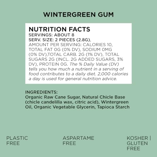 SIMPLY Gum Wintergreen, Plastic-Free Natural Chewing Gum, 6 Pack (90 Pieces) | Vegan, Kosher, Non GMO, Aspartame Free and Sorbitol Free