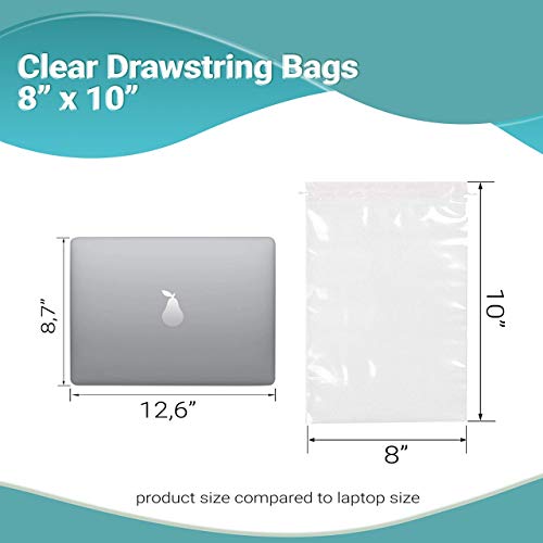 APQ Pack of 50 Clear Drawstring Bags 8 x 10. Nylon Drawstrings Polyethylene Bags 8x10. Thickness 2 mil. Plastic Bags for Packing and Storing. Ideal for Industrial and Business Applications.
