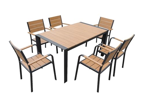 Vente unique Comedor de jardÌn de Aluminio: Mesa L.150 cm y 6 sillones apilables   Natural Claro y Antracita   NYROS de MYLIA