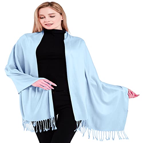 CJ Apparel Light Blue Baby Blue Solid Color Tassels Design Nepalese Shawl Seconds Scarf Wrap Stole Throw Head Wrap Pashmina Hand Made in Nepal New