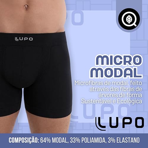 Kit 4 Cuecas Boxer MicroModal Lupo Sem Costura Modal Masculino Adulto, 4 Preto, M