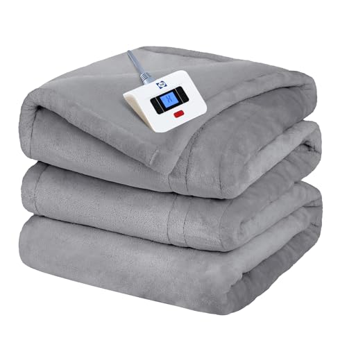 Sealy Electric Blanket Twin Size, Flannel Heated Blanket with 10 Heating Levels & 1-12 Hours Auto Shut Off, Machine Washable, Light Grey, 62 x 84 Inch