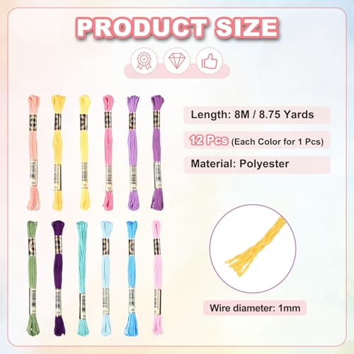 Image of PATIKIL 12 Skeins Embroidery Floss Polyester Embroidery Threads Bracelets String for Cross-Stitch Hand Embroidery, Pastel Colors