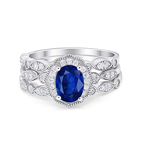 Vintage Style Halo Oval Art Deco Three Piece Wedding Engagement Ring Bridal Set Round Simulated Blue Sapphire CZ 925 Sterling Silver Size-9