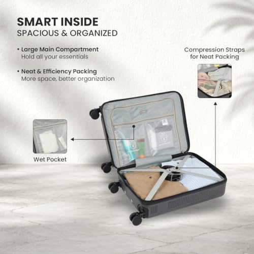 Image of SWISS MILITARY Pascal Hard 55cm Lightweight PC Small Cabin Travel Luggage Trolley Bag, Anti-Theft Zippers & 3-Dial Lock, 360 Wheels, Wet Pocket & Aluminium Trolley Handle Suitcase Capacity 51L-Grey