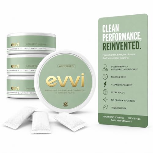 evvi Nicotine-Free Focus Pouches – Clean Energy, Ultra Focus – Tobacco-Free Oral Nootropic Pouches – 15 Pouches per Can (Wintergreen, 4 Pack)