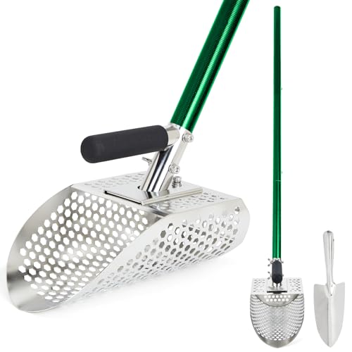 Sand Scoop for Metal Detecting Stainless Steel Metal Detector Scoop Metal Detecting Shovel with Long Fiberglass Handle Metal Detector Accessories Sand Sifter for The Beach Sand Flea Rake