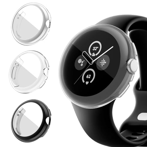 YUVIKE 3-Pack Watch Cases with Screen Protector Compatible with Google Pixel Watch1/Pixel Watch2/Pixel Watch3 (41mm) Soft TPU Scratch Resistant Protective Covers (Black/Silver/Clear