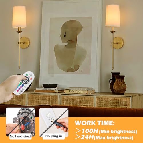 Image of PASSICA DECOR Battery Operated Wall Sconces Set of Two, Rechargeable Gold Wall Lights with Dimmable Detachable Light Bulb, Remote Control, Lamp Fixture for Bedroom Living Hallway