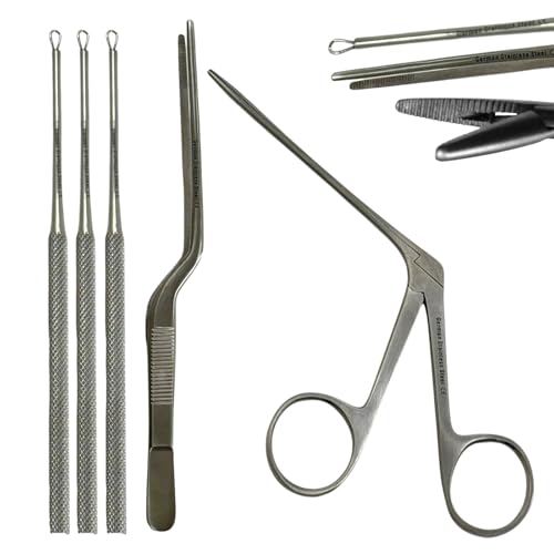 Earwax Removal and Foreign Object Retrieval Kit with Forceps, Loop Curettes, and Tweezers (Set of 5pcs) German Stainless Steel Ear & Nose Tools