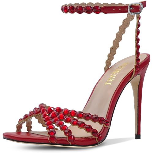 Image of HOCHFART Women's Rhinestone Stiletto High Heels Buckle Strappy Heeled Sandals Round Toe Sexy Dressy Pumps Shoes
