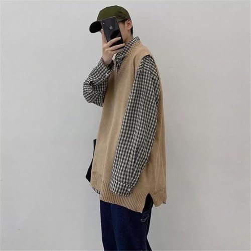 Men Knitted Sweater Vests Loose Simple Harajuku Sleeveless Japanese Style Teens Chic Vest4