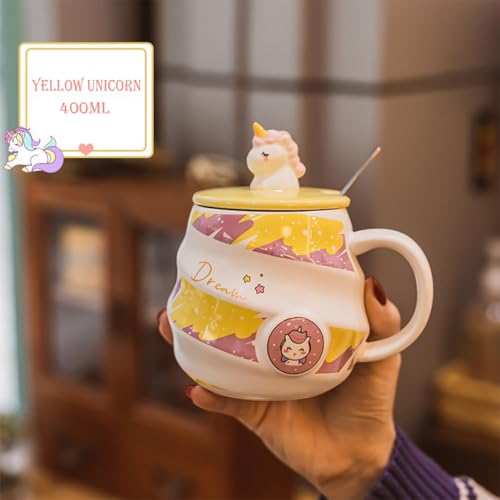 Image of Spooky Unicorn Ceramic Mug with Lid and Spoon - 400ml Cartoon Coffee Cup for Kids, Girls & Women - Gift for Birthday, Office, Christmas, Valentine's Day - Ins-Style Animal Tea Mug (Yellow)