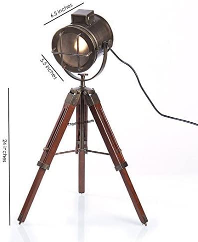 Lampada Da Terra Vintage Industrial Nautical Replica Hub – Faretto Su Treppiede In Legno E Ottone, Altezza 152 Cm
