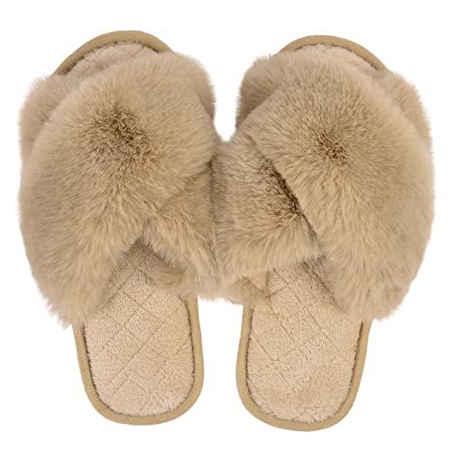 Image of Menore Women Fuzzy Slippers Cross Band Soft Plush Fleece Open Toe Lady Fluffy Womens Slippers Indoor Outdoor House Bedroom Shoes