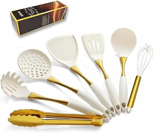 Elegant White Gold Silicone Cooking Utensils Set - Non-Toxic, Dis...