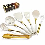 Elegant White Gold Silicone Cooking Utensils Set - Non-Toxic, Dishwasher Safe Kitchen Utensils Set with Heat Resistant Comfort Handles - Includes Spatula & Spoon for Nonstick Cookware
