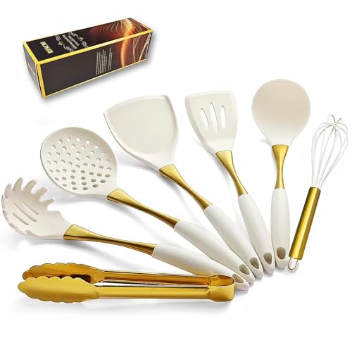Elegante set di utensili da cucina in silicone oro bianco – non tossico, lavabile in lavastoviglie set di utensili da cucina con manici resistenti al calore – include spatola e cucchiaio per pentole