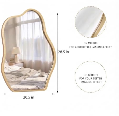 Image of Alfa Design Asymmetrical Gold Irregular Wall Mounted Mirror | Wooden Frame | Aesthetic Decor Bathroom Vanity Mirror, Farmhouse, Living Room, Bedroom & Entryway Irregular Gold (29 x 21 inch)