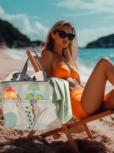 Mesh Beach Bag Oversized Tote Bags for Women Mid Century Boho Leaves Abstract Geometric Large Travel Pool Bags4