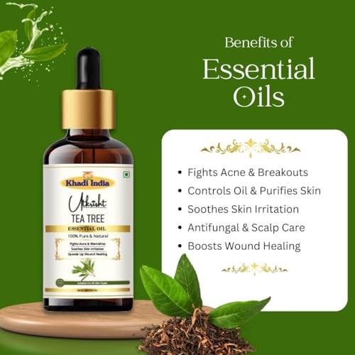 Image of Khadi Tea Tree Essential Oil 15 ml | Pure & Natural | For Acne, Breakouts & Scars | Face & Body Massage Oil | Dandruff & Scalp Health | All Skin & Hair Types | Aromatherapy for Men & Women