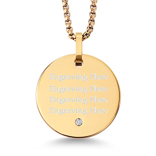 Gem Stone King Custom Free Engraving Gold Plated Tungsten Carbide Solid Polished Disc Pendant Necklace with White Lab Grown Diamond | G-H Color | SI1 Clarity | With 24 Inch Stainless Steel Chain