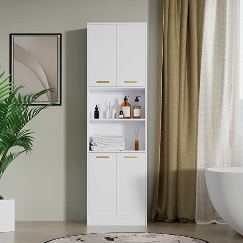 Cozy Castle Wood Pantry Cabinet, 75" Freestanding Kitchen Storage Cabinet with Doors and Adjustable Shelves, Storage Cabinet for Kitchen, Bathroom or Hallway, White