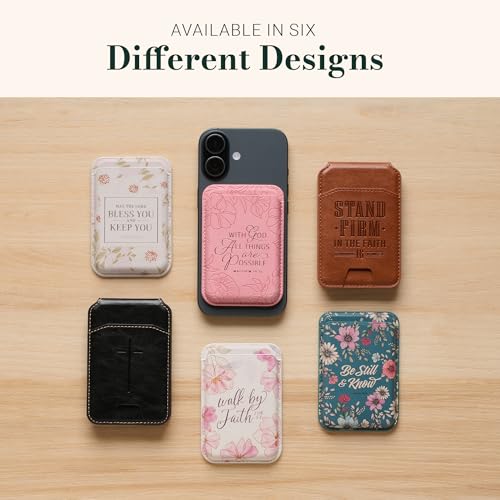 Image of Christian Art Gifts Women's Slim Magnetic Phone Wallet: Walk by Faith Encouraging Bible Verse, MagSafe Compatible, Cash & Card Holder Accessory, Faux Leather, White /Pink Multicolor Floral, 3.8 inch x 2.5 inch