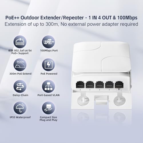 Image of Outdoor 5 Port PoE Extender, 1 in 4 Out PoE+ Switch, 10 /100Mbps, IEEE 802.3 af /at /bt 90W, Wall Mount Waterproof YuLinca POE Passthrough Switch