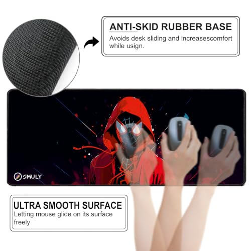 Image of Gaming Mouse Pad, Large Desk Mat 12 x 32 inch, Extended Washable Mousepad, Desk Pad, 3mm Thick Non-Slip Rubber Base, Stitched Edges, Smooth Surface (Multicolour) - Red Hoodie Spider Design