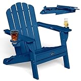 Eesdom Folding Adirondack Chair, HDPE Adirondack Chair with 2 Cup Holders, Pre-Assembled Outdoor Fire Pit Chairs for Patio, Garden, Poolside, NavyBlue