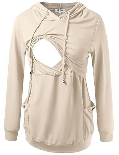 Image of GINKANA Womens Nursing Hoodie Top Sweatshirt Long Sleeve Button Decoration Pockets Shirts Tunic Top