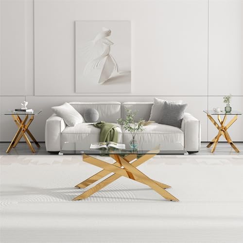 Af Artisan Furniture 036 Gold Glass Coffee Table And End Table Set Of 3, Coffee Table Set With Tempered Glass & Gold Geometric Metal Legs, 3 Piece Living Room Table Set thumb #5