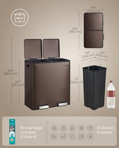 Image of SONGMICS Trash Can, Double Compartment Garbage Can, Stainless Steel | 2 X 8 Gallon (2 x 30 L) for Recycling, with 15 Liner Bags, Soft-Close Lids, Removable Buckets, Brown ULTB160MZ01