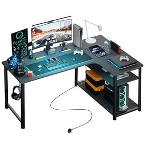 Schreibtisch Gaming Tisch mit Regal, Eckschreibtisch mit USB-Ladeanschluss und Steckdose, 120cm Computertisch L Form, PC Tisch für Büro, Heimbüro