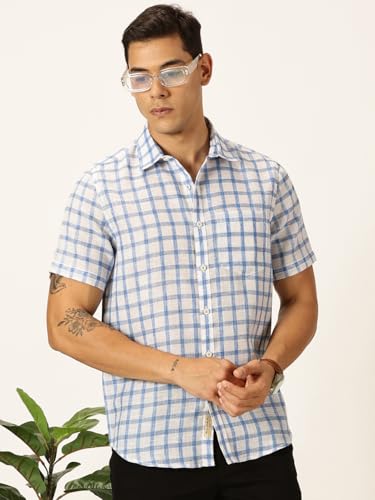 Image of Thomas Scott Men's | Checks | Half Sleeve | Slim Fit | Jute Linen | Spread Collar | Casual Shirt