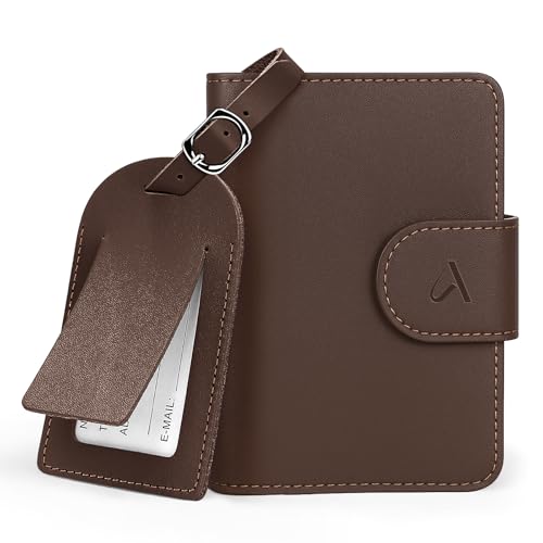 Image of ALLIVE Genuine Leather Passport Holder for Travel with Hidden AirTag Pocket, RFID Blocking Passport Travel Wallet with Luggage Tag & Premium Gift Box, Holiday Gift for Women and Men (Coffee Brown)