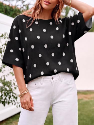 Image of Cicy Bell Womens Oversized Short Sleeve Sweaters Tops Knit Fall Pullovers | Half Sleeve Trendy Casual Loose Fit Sweater, Heart&ploka dot&floral pattern,Knitted Boat Neck Work Top for Teachers