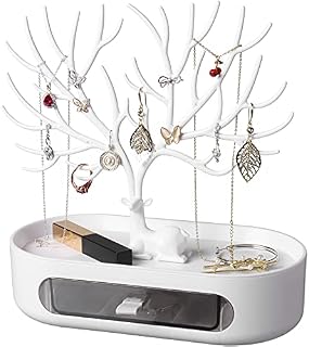 penobon Antler Jewellery Organiser Stand with Drawer, Plastic 3 in 1 Jewellery Holder for Earrings Necklaces Bracelets and Ring