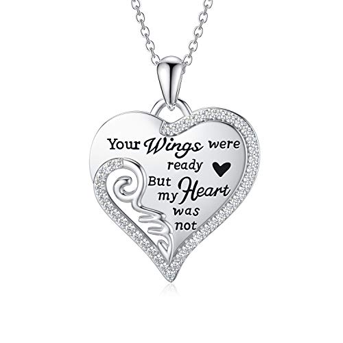Angel Wings Memorial Necklace - 925 Sterling Silver Heart Pendant with Angel Wing Sympathy Gift