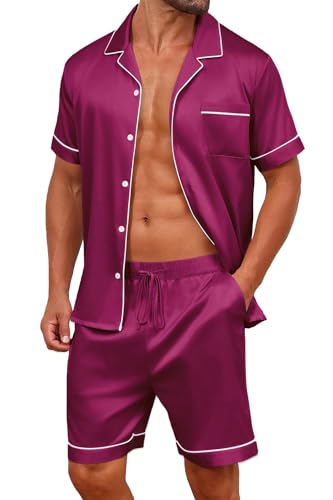 Vssjavun Mens Satin Silk Pajamas Sets Short Sleeve Button-Down Sleepwear Two Piece Loungewear with Pockets