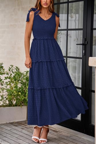 Okiwam Womens Summer Dresses 2025 Sleeveless Tie Strap Maxi Long Flowy Beach Sundresses Boho Swiss Dot Fall Wedding Dresses