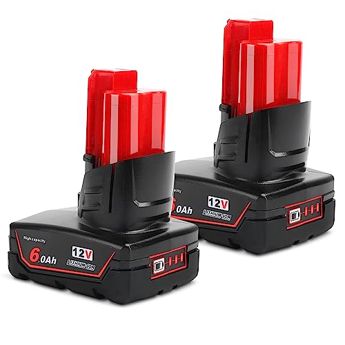 Powarobor 2 Pack M12 12V 6.0Ah Replacement Battery for Milwaukee M12 XC Cordless Tools 6000mAh High Capacity Lithium-ion Battery Compatible with 48-11-2401 48-11-2402 48-11-2411 48-11-2420 48-11-2460