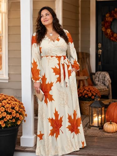 Image of PinkPatty Women's Long Sleeve Maxi Dress Plus Size Casual V Neck Wrap Dress with Pockets&Belt