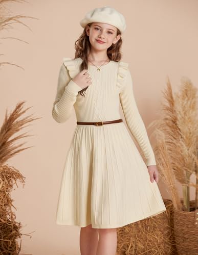 GRACE KARIN Girls Sweater Dress Fall Winter Long Sleeve Cable Knit Pullover Dresses for Girls 5-12Y3